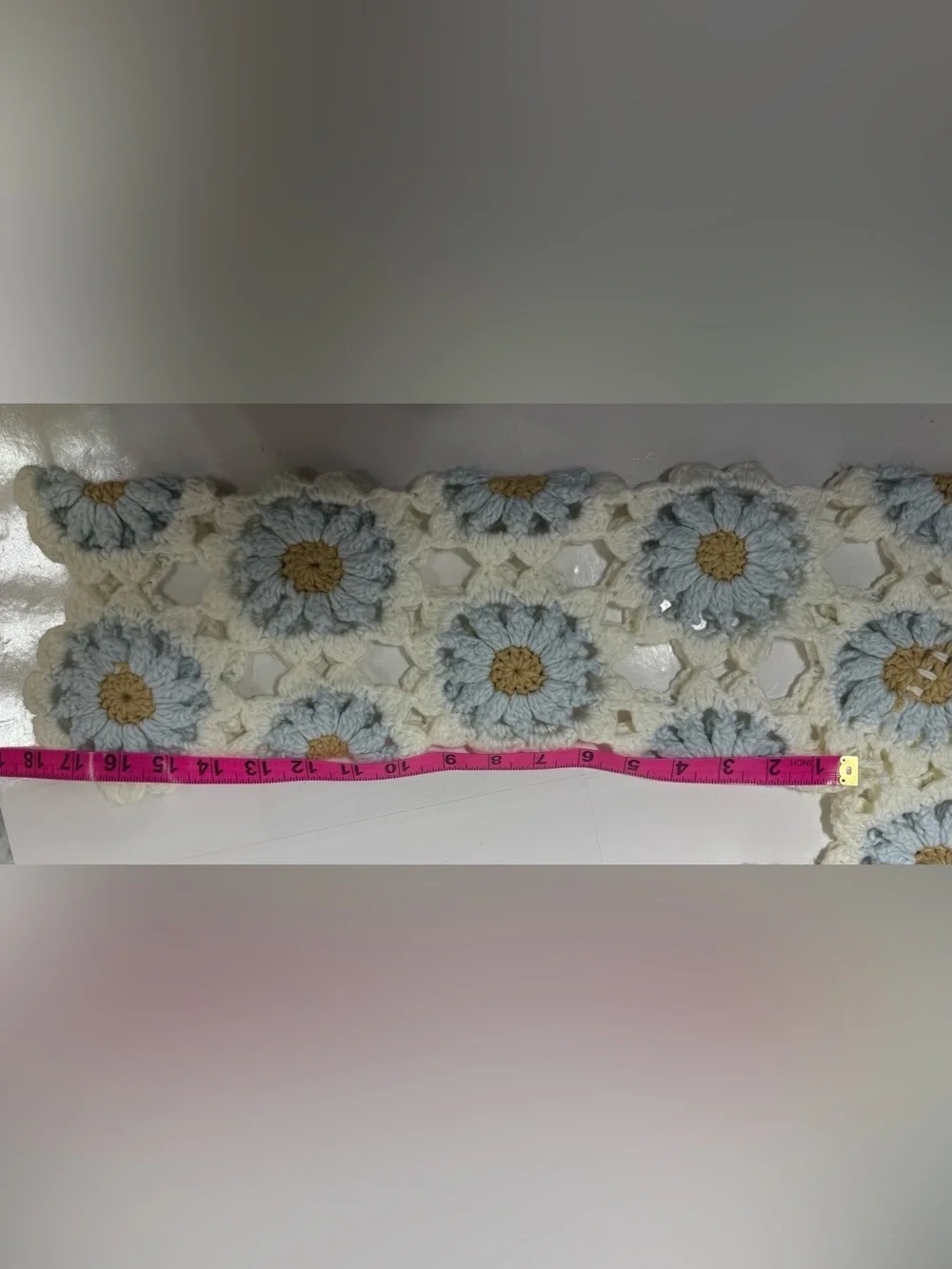 Boho chic granny square crochet 90’s Daisy Crop Sweater in Cream & Light Blue